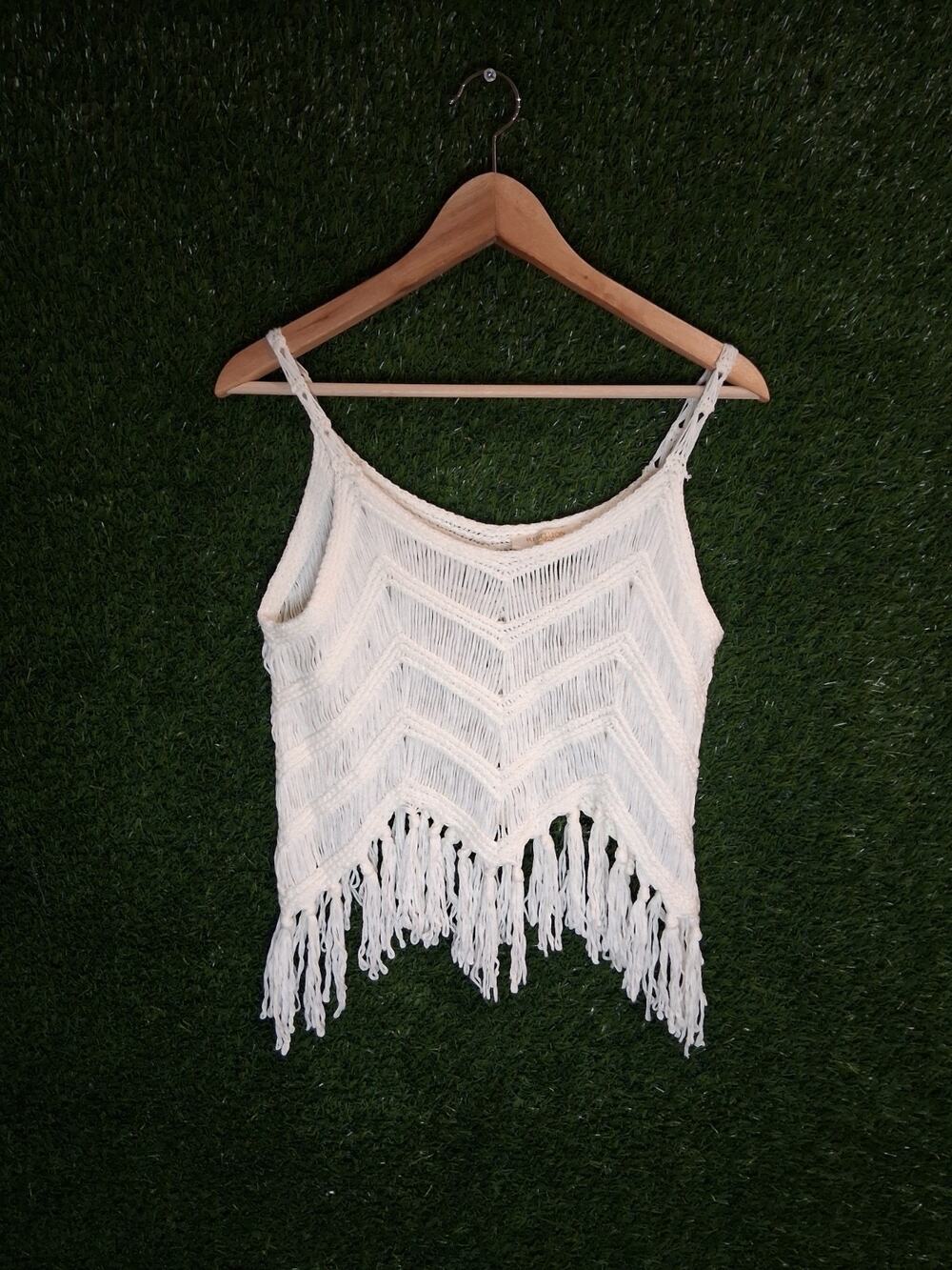Boho Crochet Fringe Crop Top Chevron Knit Festival Tank Cami Cream Ivory S/M